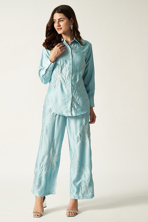 Satin Co-ord Set With Sequin | Blue