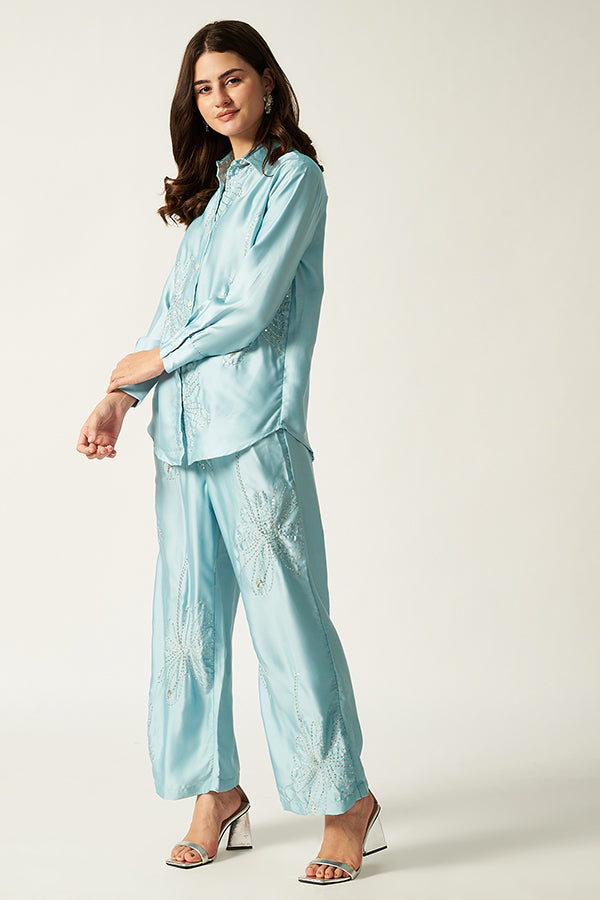 Satin Co-ord Set With Sequin | Blue