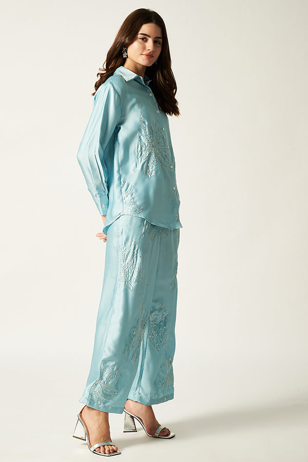 Satin Co-ord Set With Sequin | Blue