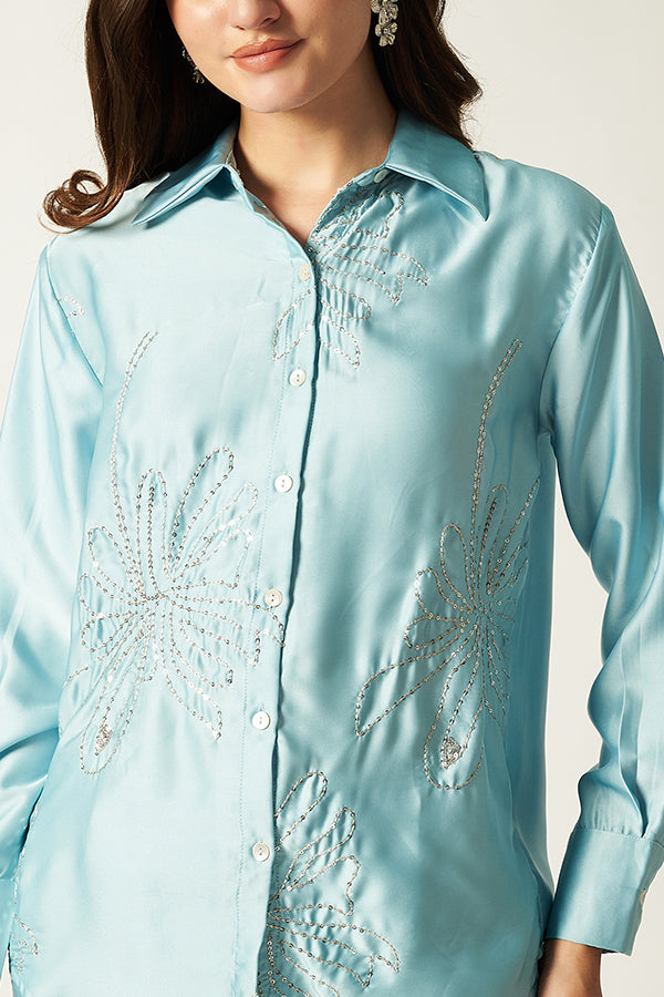 Satin Co-ord Set With Sequin | Blue