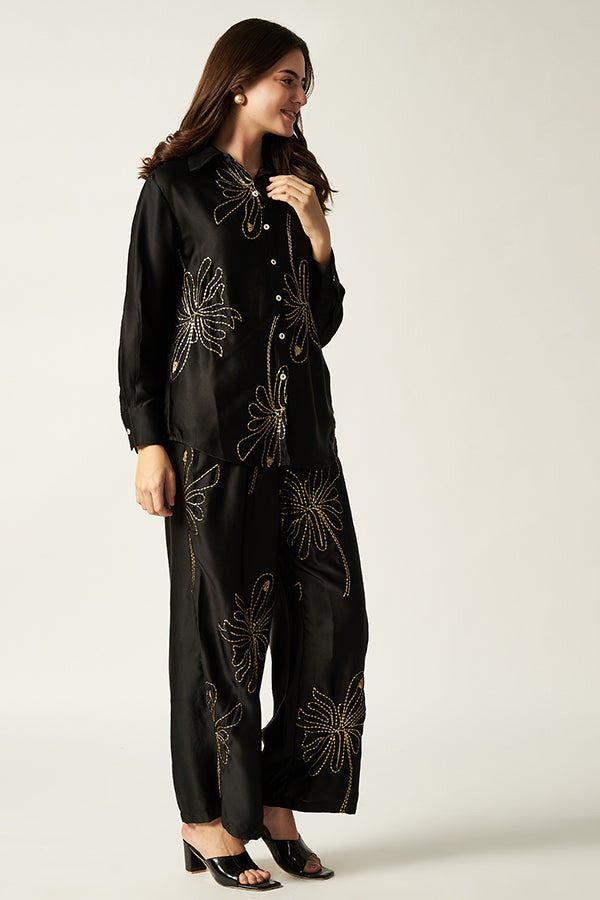 Satin Co-ord Set With Sequin | Black