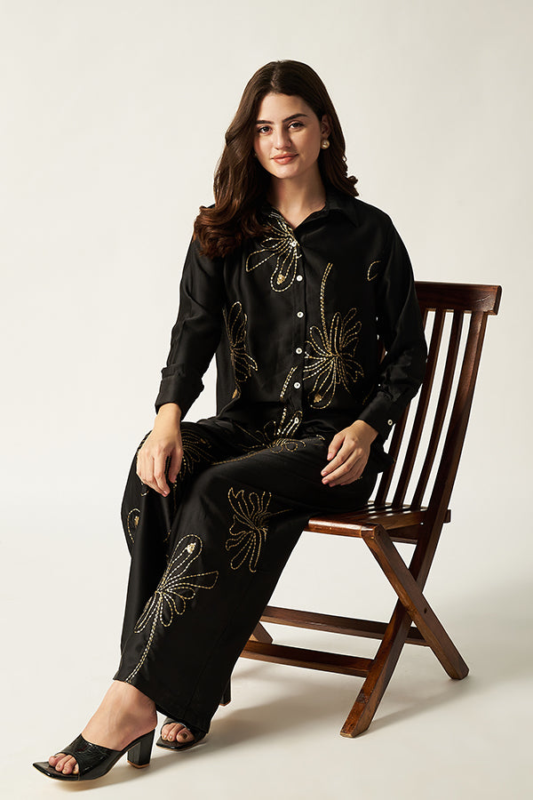 Satin Co-ord Set With Sequin | Black