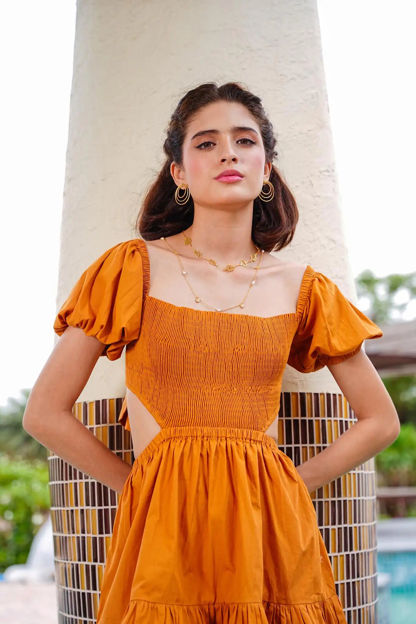 Smocked Dress With Back Knot (Tan)