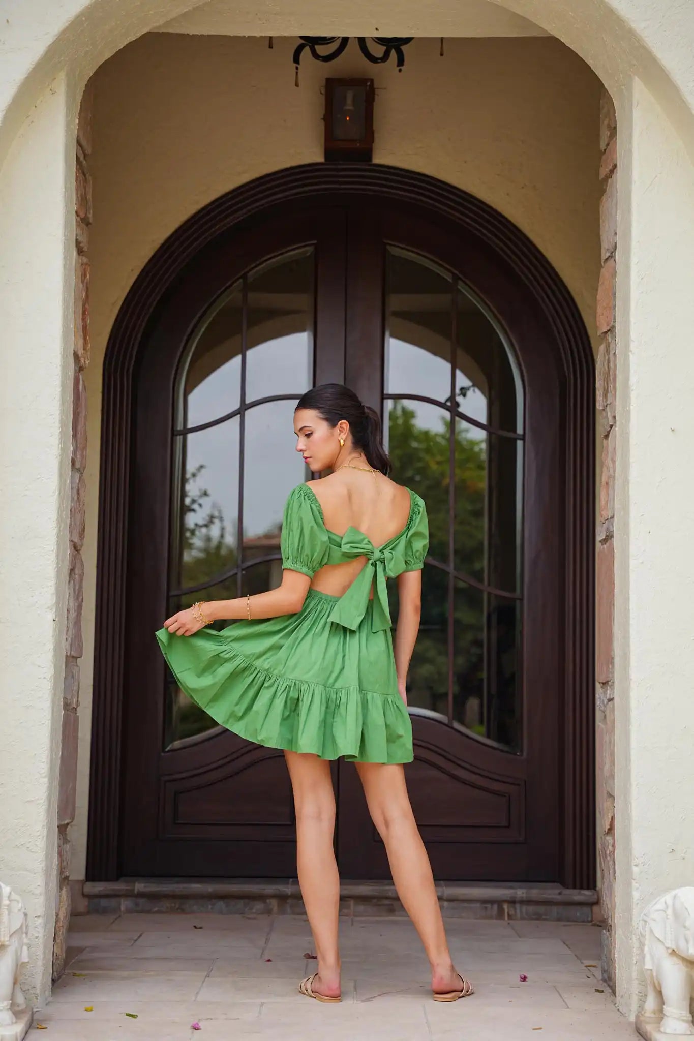 slim fit dress slacks ADELIA smocked dress in Leaf Green – Elegantees
