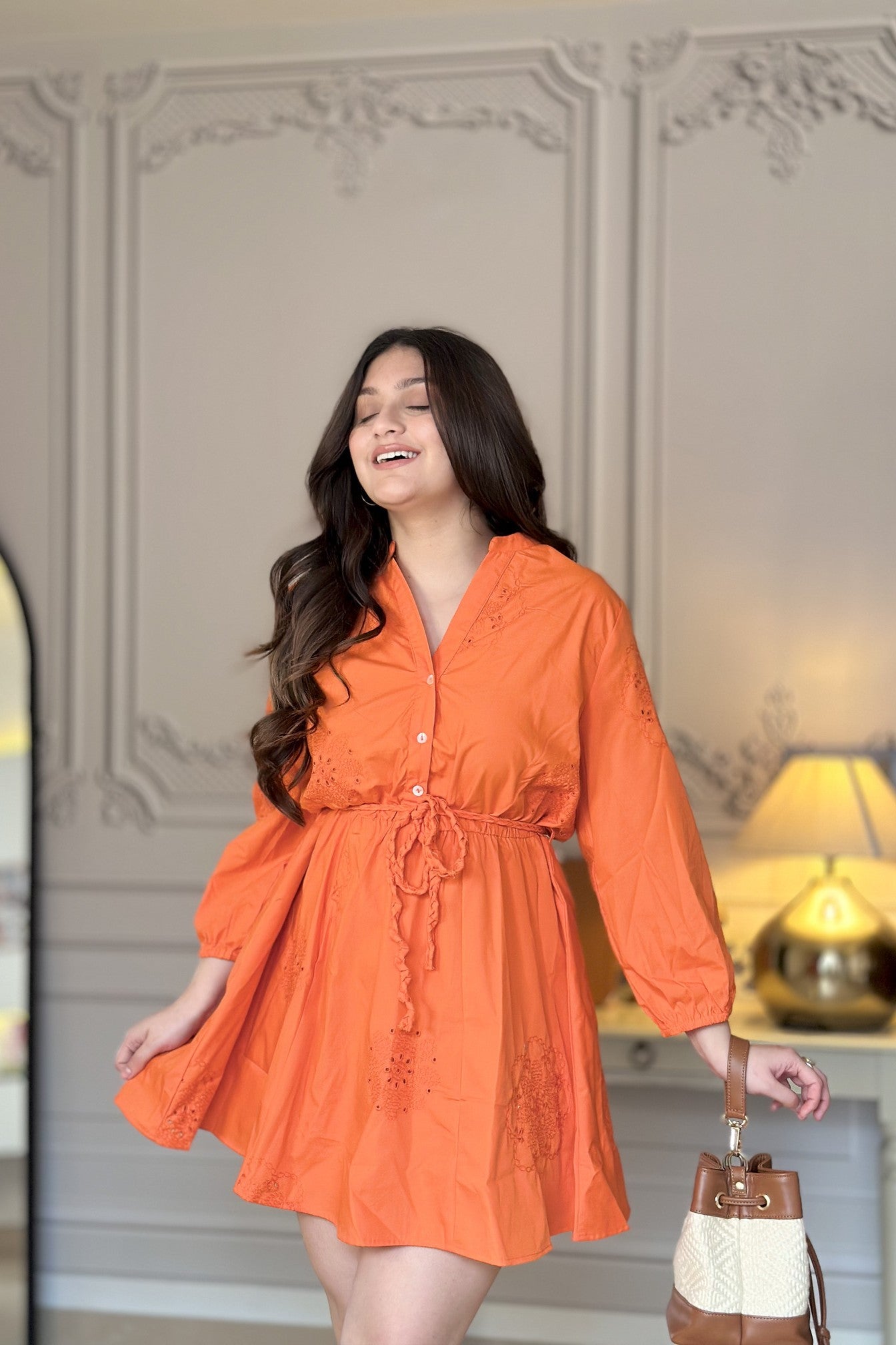 Shirt Dress with Cut Work | Orange