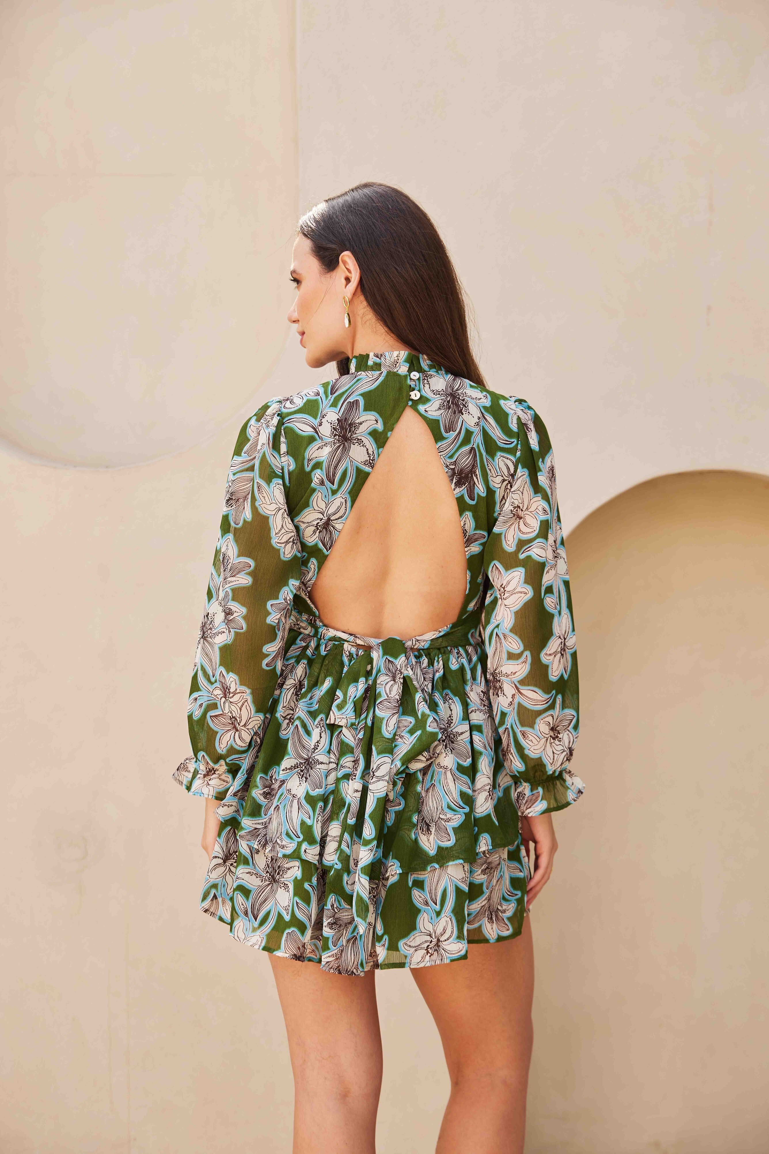 Backless Print Drawstring Dress