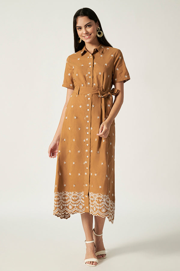 Embroidery Maxi With Belt | Brown
