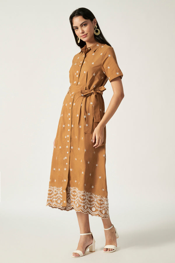 Embroidery Maxi With Belt | Brown