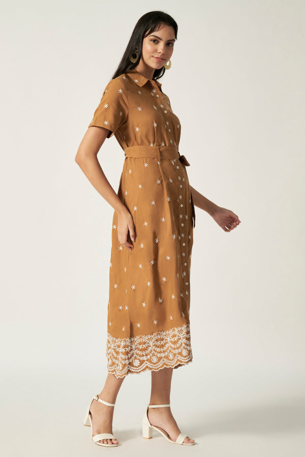 Embroidery Maxi With Belt | Brown