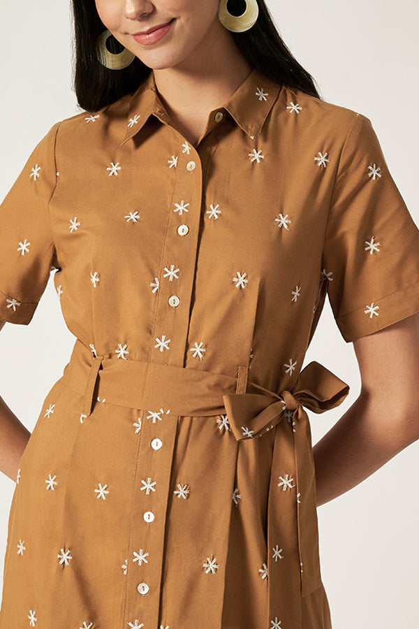 Embroidery Maxi With Belt | Brown