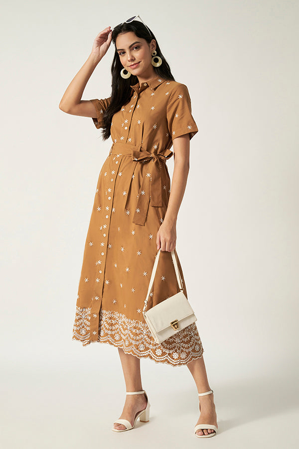Embroidery Maxi With Belt | Brown