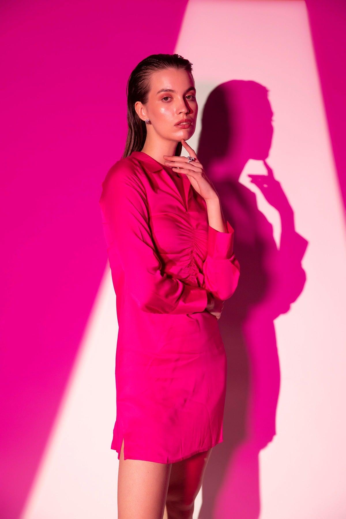 satin shirt dress pink ANDREA SATIN SHIRT DRESS HOT PINK M