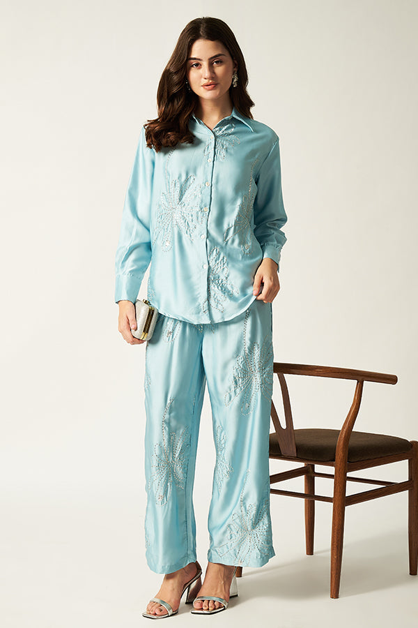 Satin Co-ord Set With Sequin | Blue