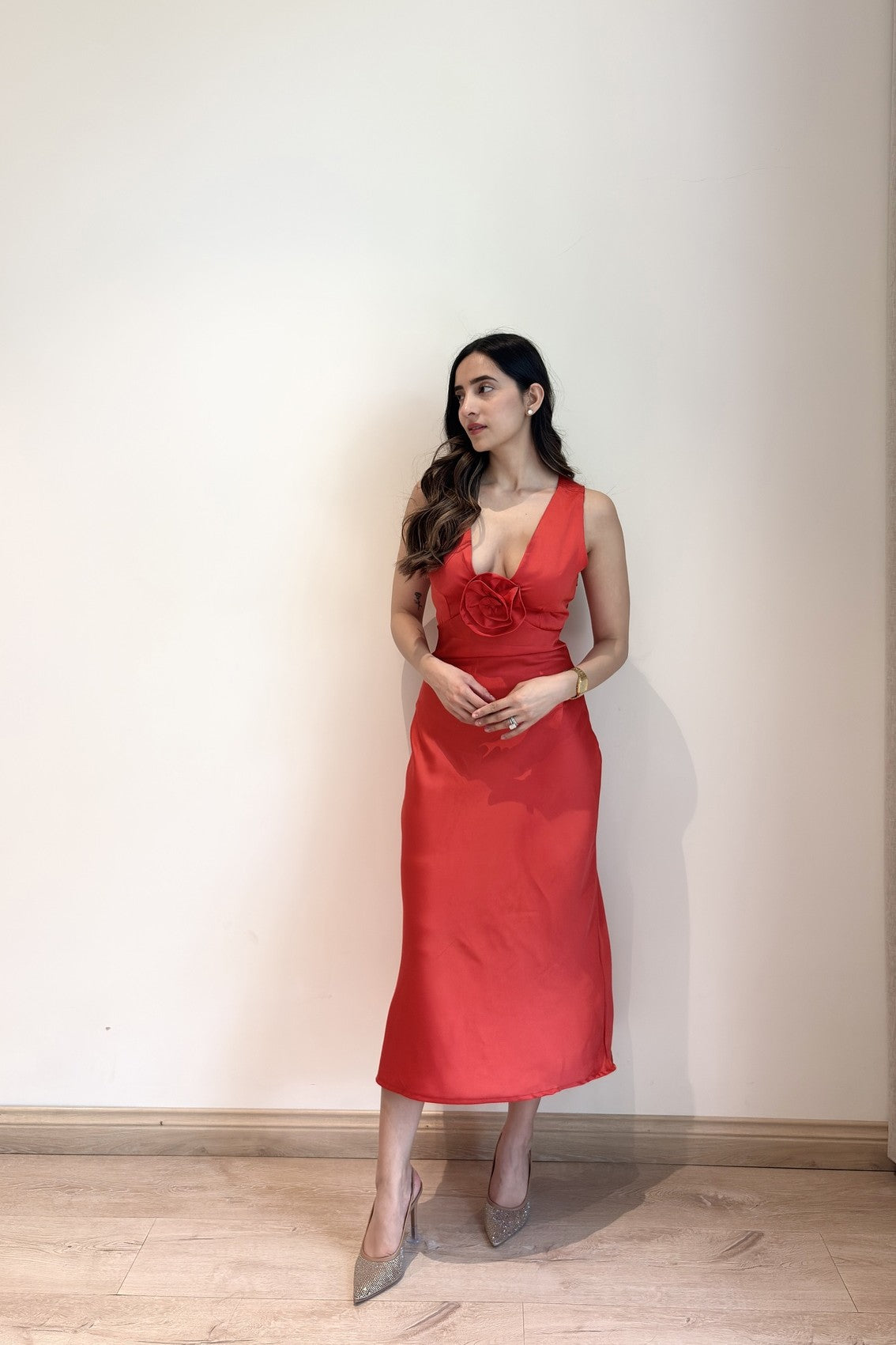 Satin Maxi with flower detailing | Red