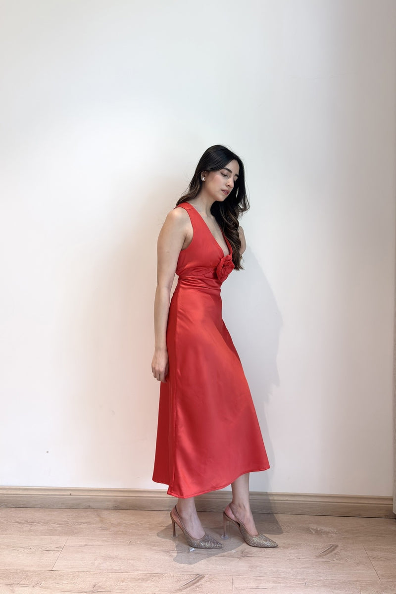 Satin Maxi with flower detailing | Red