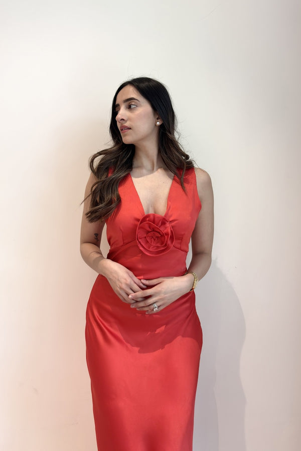 Satin Maxi with flower detailing | Red