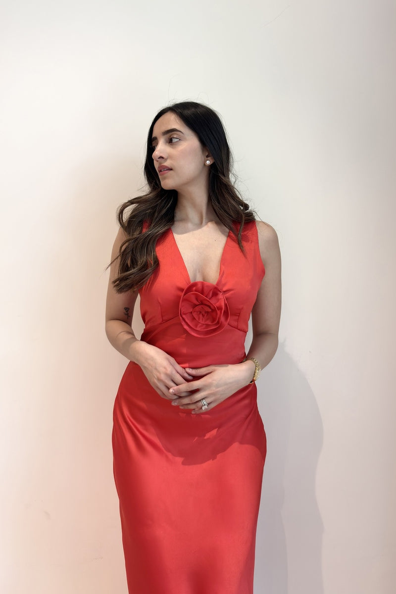 Satin Maxi with flower detailing | Red