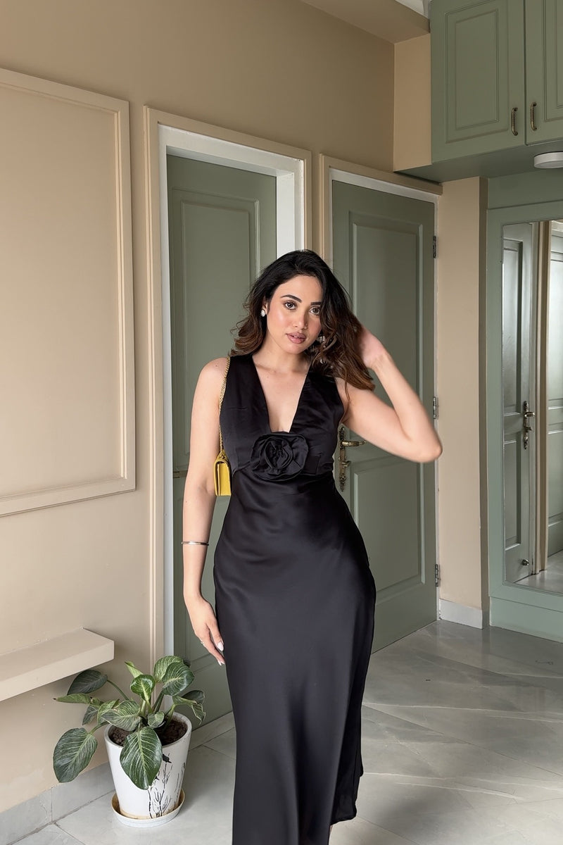 Satin Maxi with Flower detailing | Black