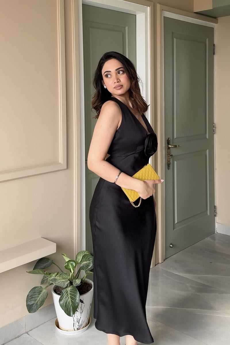 Satin Maxi with Flower detailing | Black
