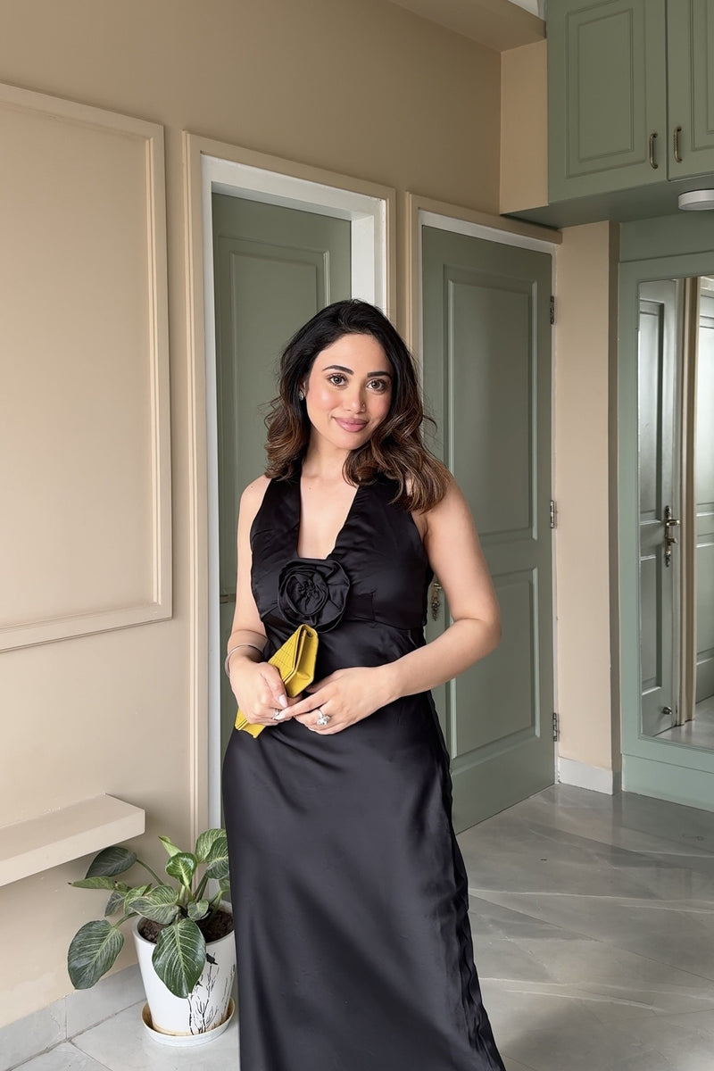 Satin Maxi with Flower detailing | Black