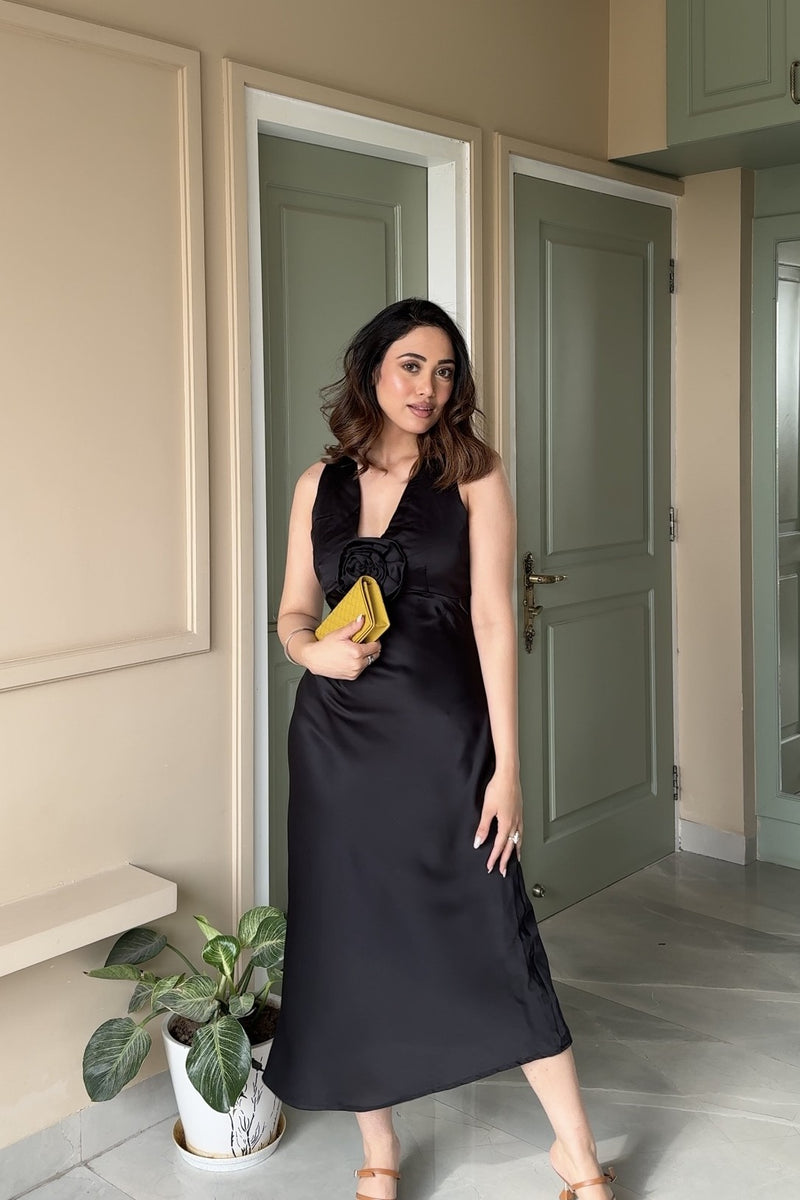 Satin Maxi with Flower detailing | Black