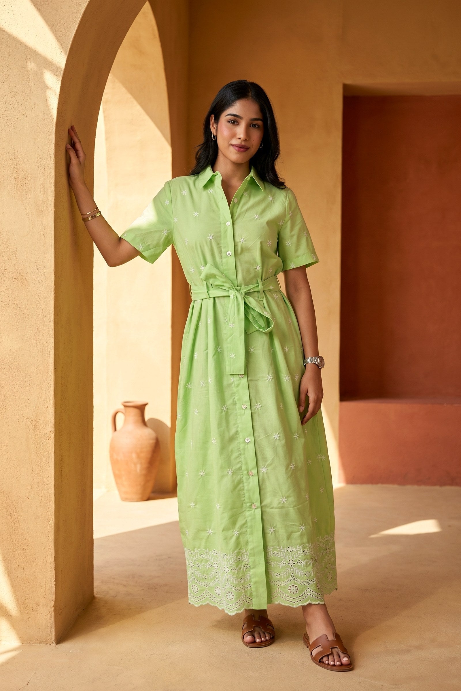 Embroidery Maxi With Belt | Green