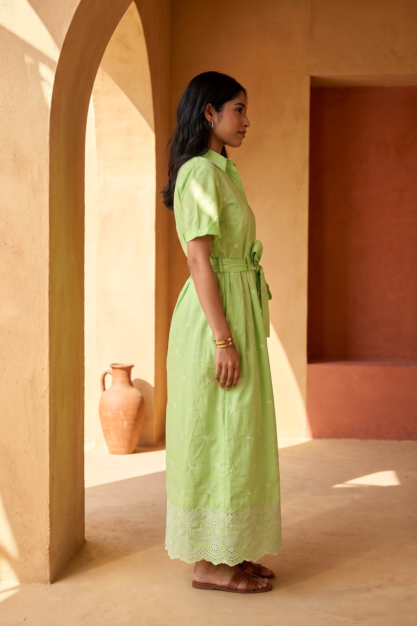 Embroidery Maxi With Belt | Green