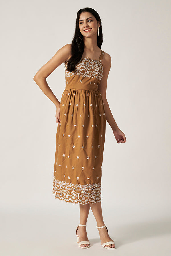 Maxi Dress With Embroidery | Brown