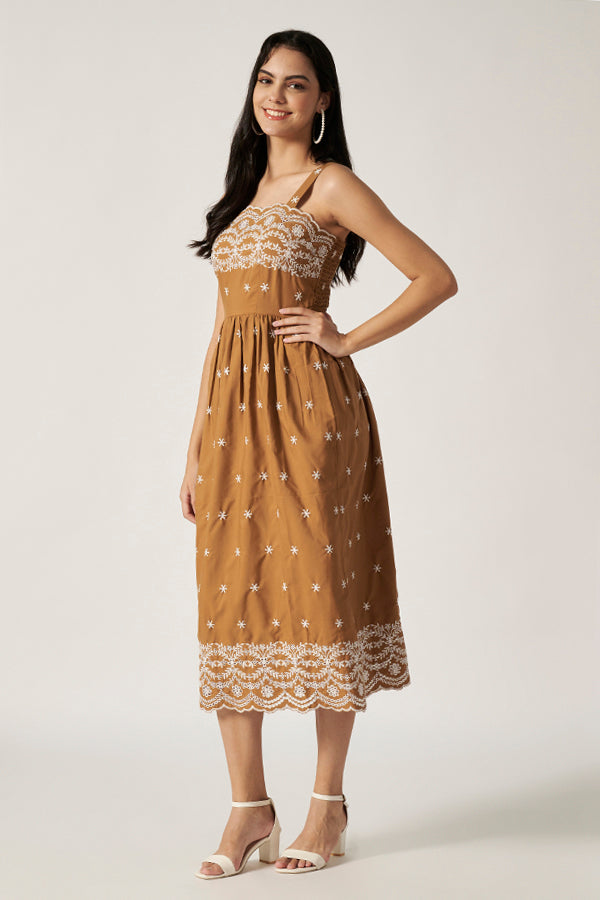 Maxi Dress With Embroidery | Brown