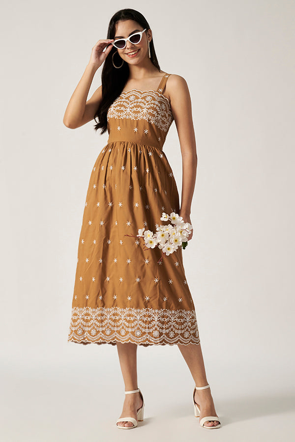 Maxi Dress With Embroidery | Brown