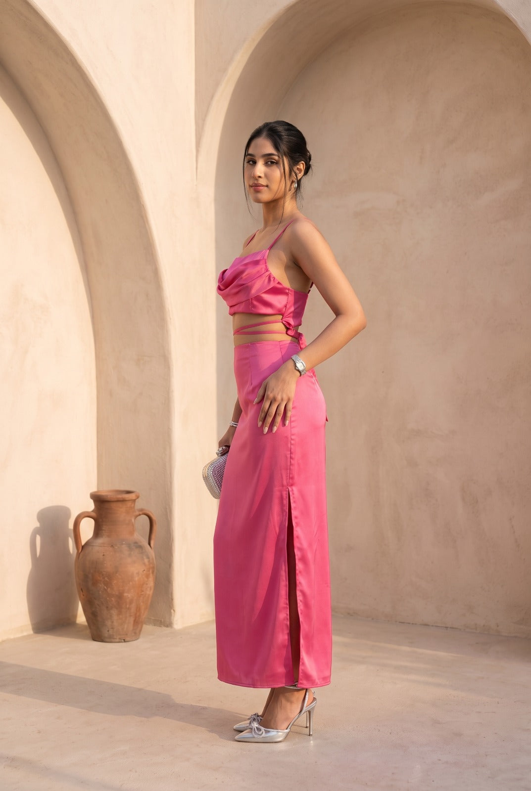 Satin Maxi with Cut Outs | Pink Pink Party Wear Dress