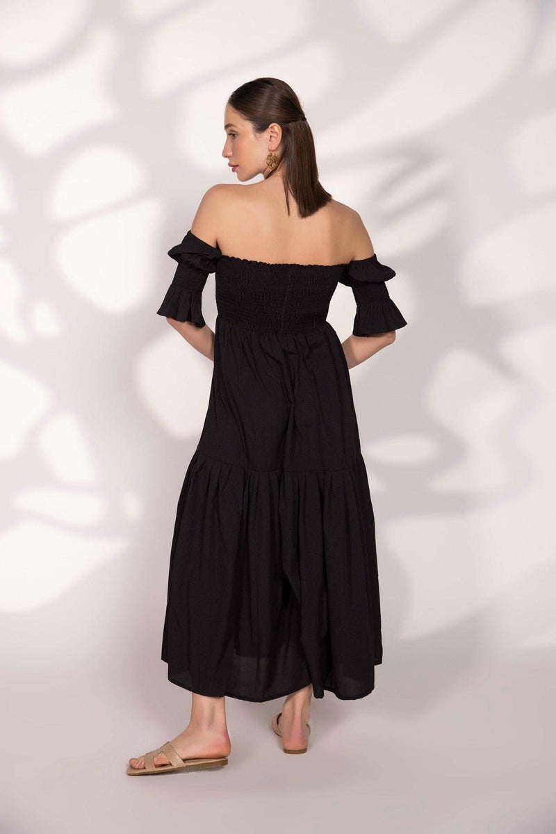 Black Smocked Midi