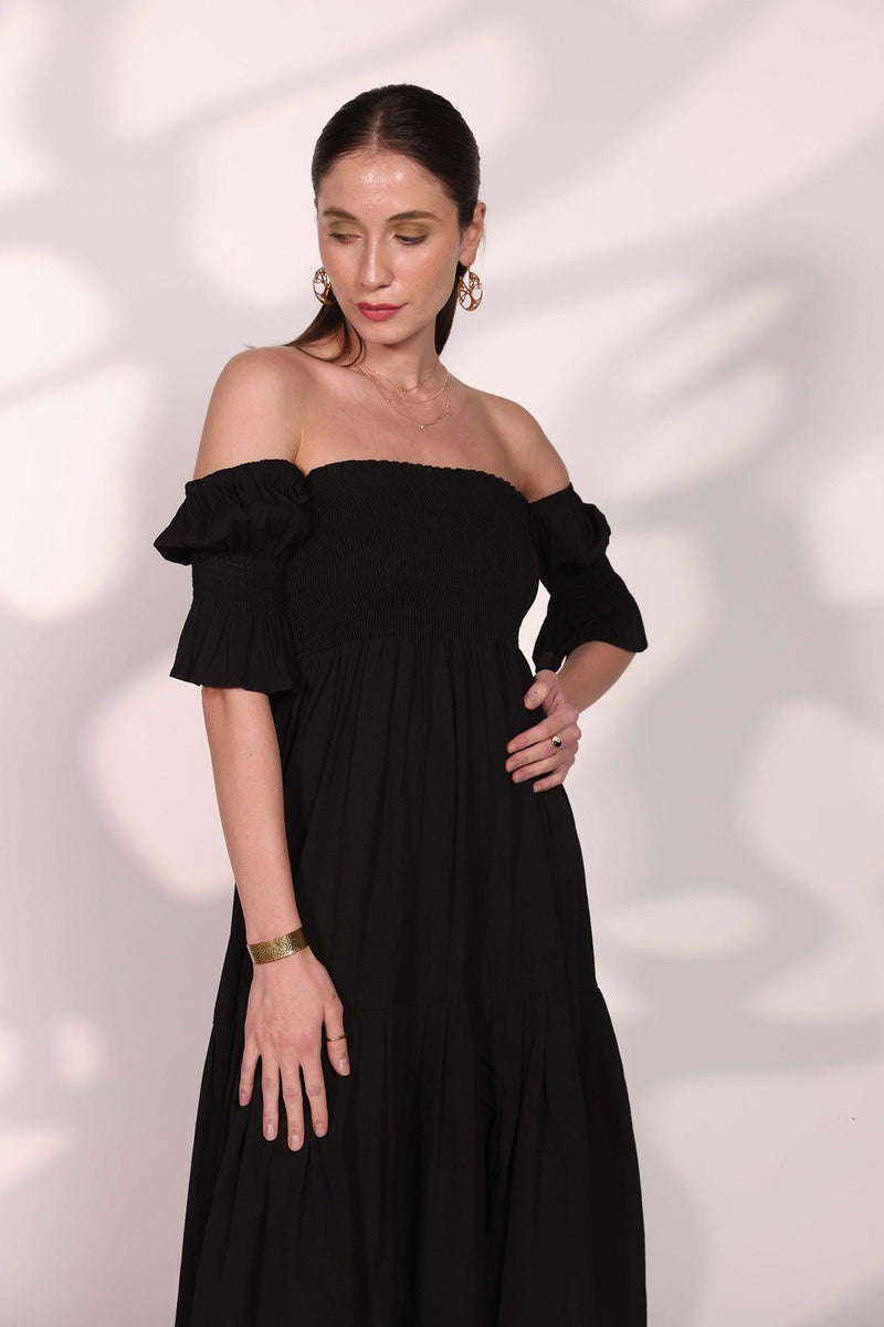 Black Smocked Midi