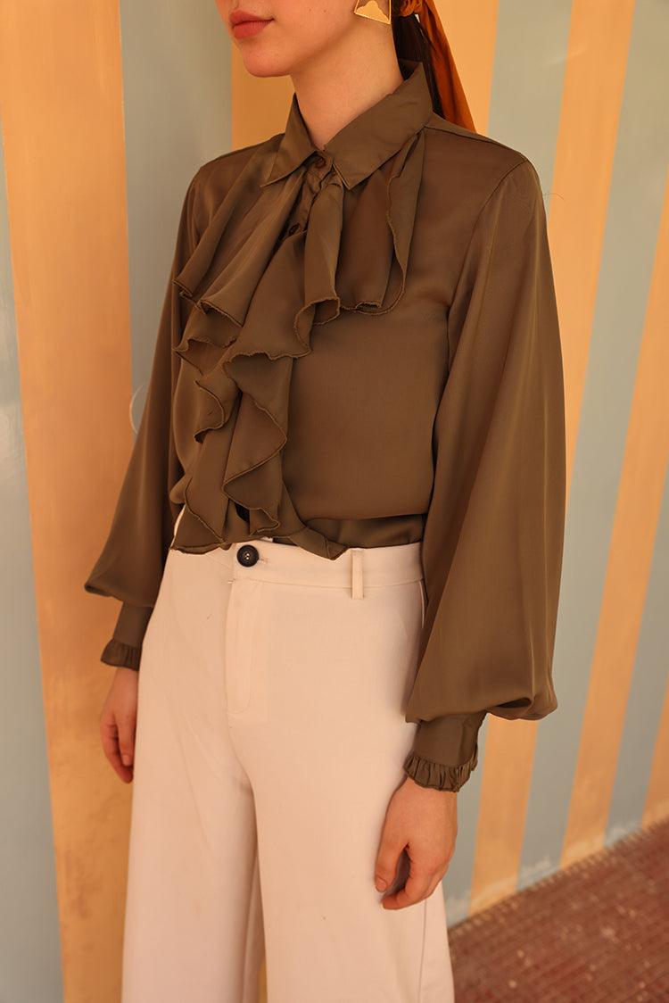 Olive Ruffle Shirt