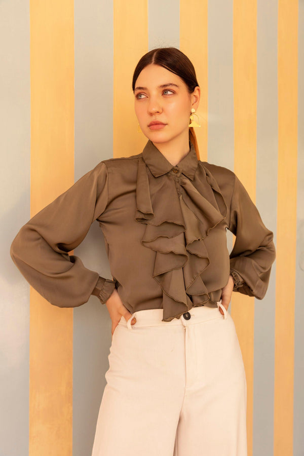 Olive Ruffle Shirt